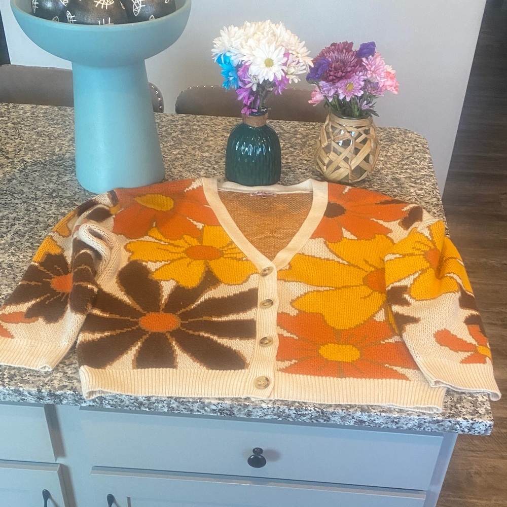 BAILEY ROSE Retro Floral V-Neck Button Knit Cardigan Sweater